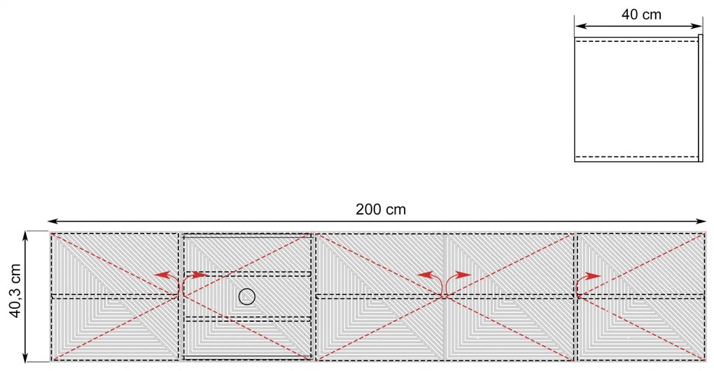 Závesná TV skrinka Asha 200 cm s ryhovaným čelom - čierny mat