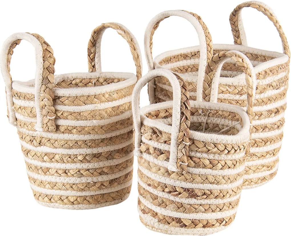 Sada 3 hnedo bielych pletených košov s ušami - Ø 21 * 20 / Ø 19 * 19 / Ø 16 * 15 cm