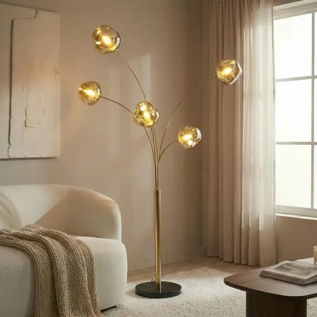 Dizajnová stojacia lampa Orbit v lesklej zlatej farbe