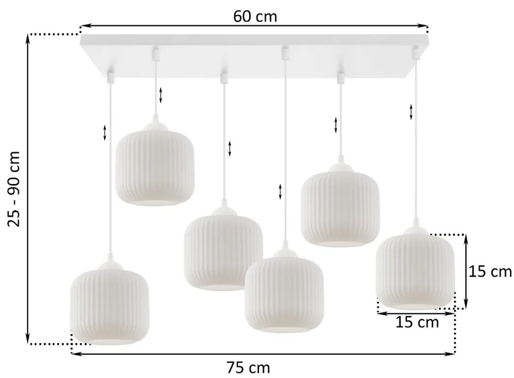 Závesné svietidlo Riffle, 6x biele sklenené tienidlo, w