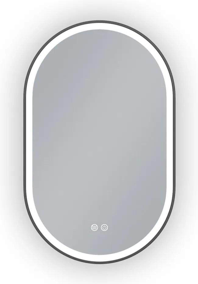 Erga Gwen, oválne LED zrkadlo 50x80cm v čiernom kovovom ráme, 3 farby svetla, predné osvetlenie, vyhrievacia podložka proti zapareniu, ERG-V01-GWEN-5080-BK