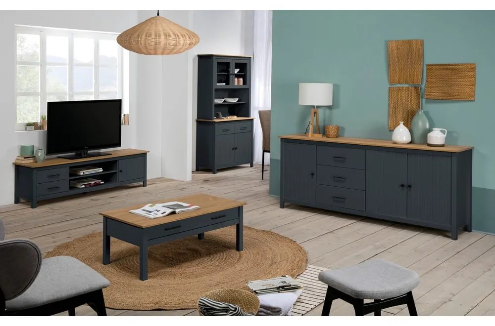 Tmavomodrý TV stolík z borovicového dreva 158x47 cm Miranda – Marckeric