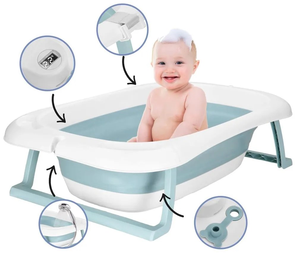 SPRINGOS Skladacia detská vanička 35 L pre bábätká, s teplomerom a vankúšikom, biela a modrá SB0063