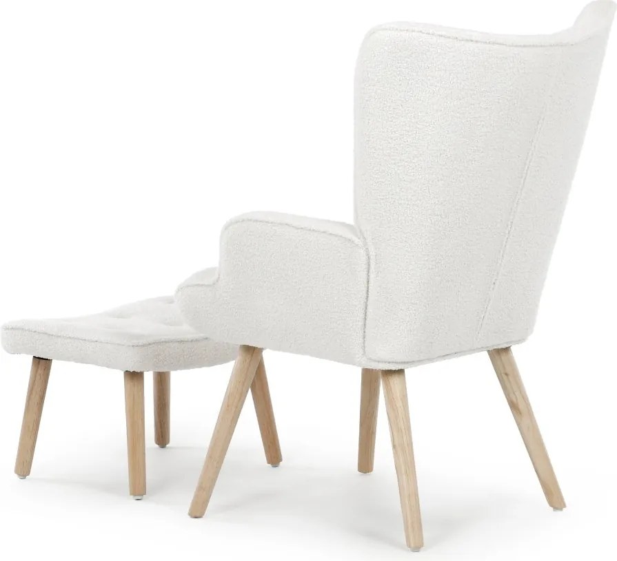 Relaxačné kreslo ušiak ROMEO II + taburet — masívne drevo, látka bouclé, prírodná / biela