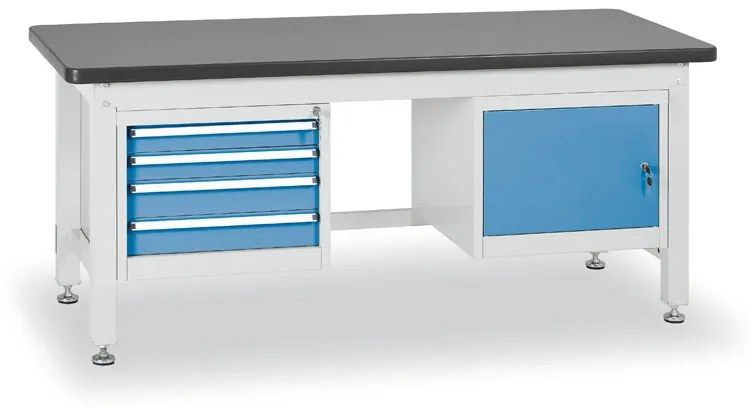 Pracovný stôl do dielne BL so závesným boxom a skrinkou na náradie, MDF + PVC doska, 4 zásuvky, 1 skrinka, 1800 x 750 x 800 mm