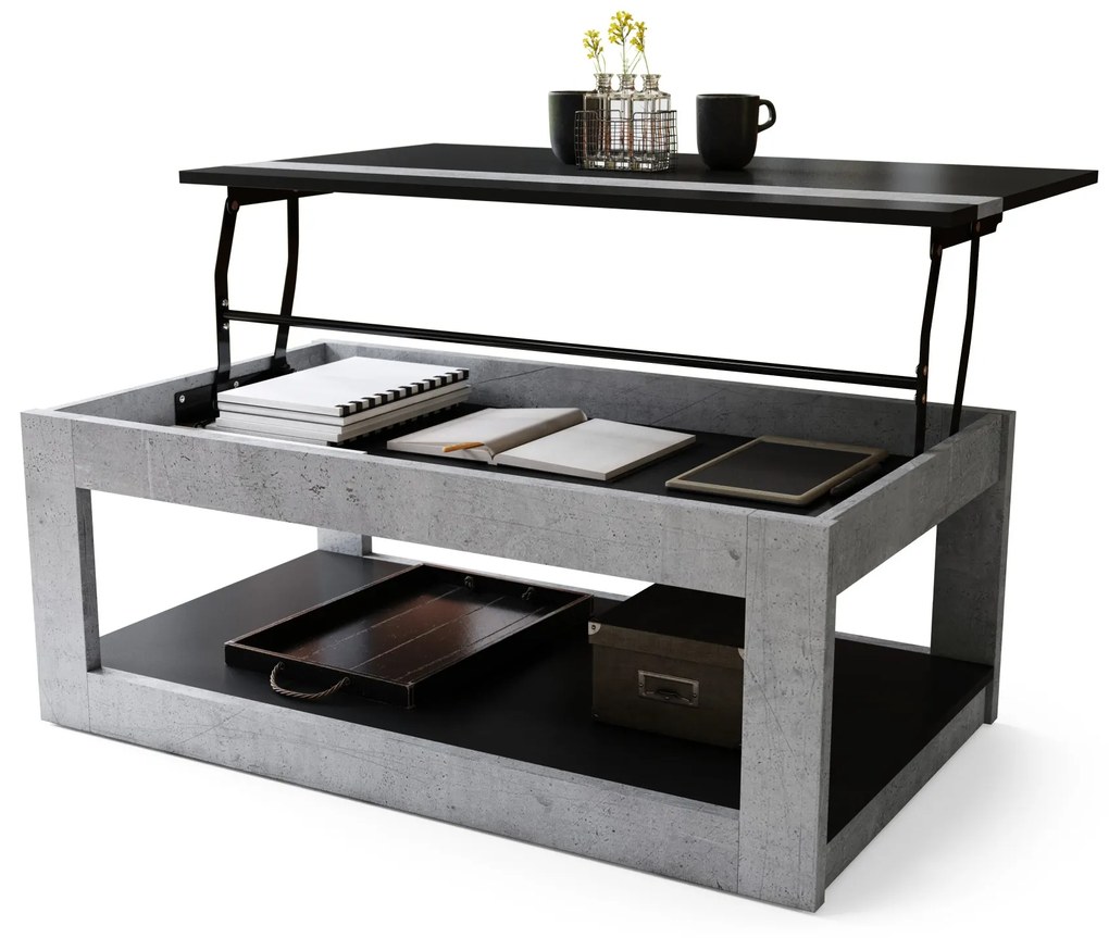 LUSSO Čierna matná/Betón Millenium - MODERNÝ STOLÍK SO ZDVÍHAVOU STOLOVOU DOSKOU + ÚLOŽNÝ PRIESTOR + POLICA (NA KOLESÁCH!)