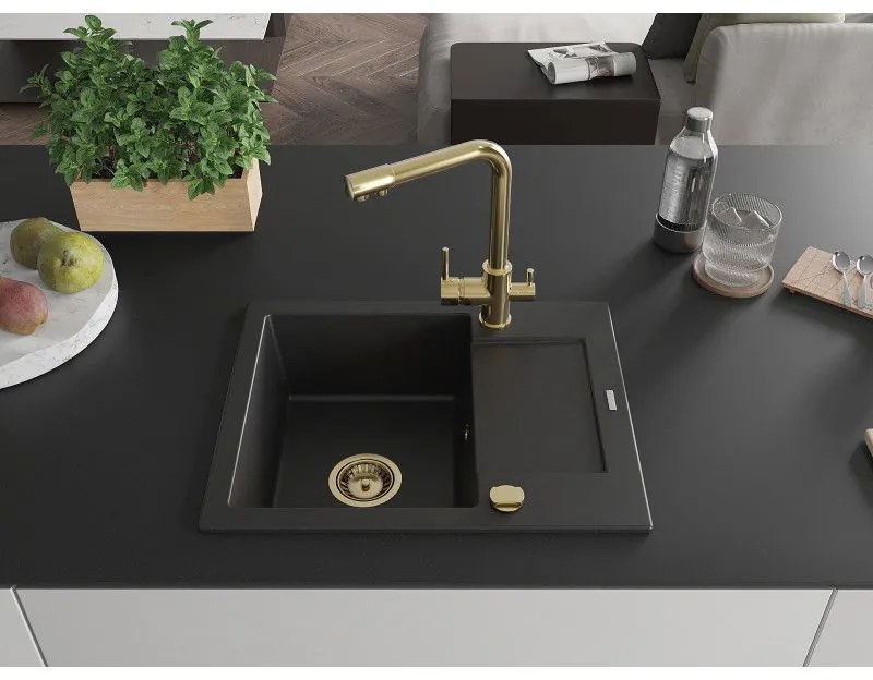 Mexen Enzo, granitový drez 576x465x174 mm, 1-komorový, zlatá lesklá batéria Duero, čierna, 6506-77-671600-50
