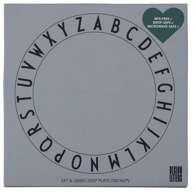 Sivý detský hlboký tanier Design Letters Eat &amp; Learn, 15,5 cm