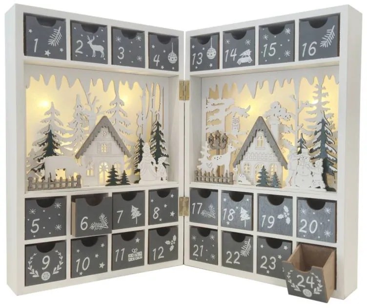 LED adventní kalendář dřevěná kniha, 23,5 × 11 × 34,5 cm, bílá a šedá, na 2× AA