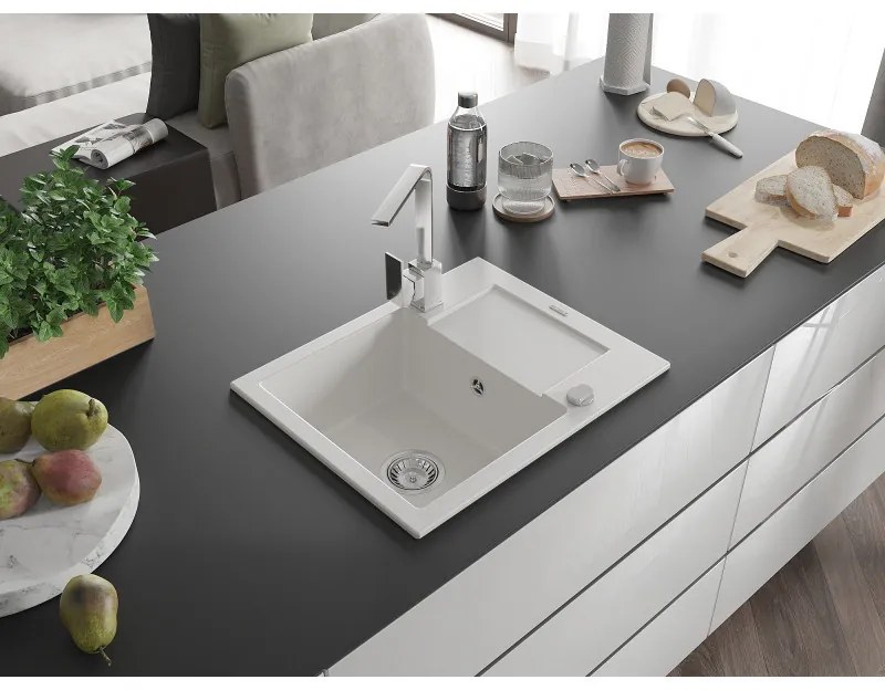 Mexen Enzo, granitový drez 576x465x174 mm, 1-komorový a chrómová batéria Rita, biela, 6506-20-670300-00