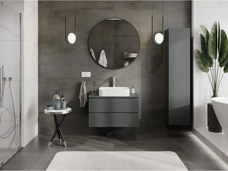 Mexen Rivel, kúpeľňová skrinka 80 cm s pracovnou doskou, 2 zásuvky, drážkovaná, grafitová matná, 91A20-08047-2-BFFC66