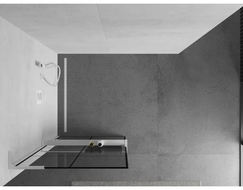 Mexen Kioto+ L, sprchová zástena Walk-In s poličkou a vešiakom 70 x 200 cm, 8mm číre sklo čierny vzor, biely profil, 800-070-123-20-77
