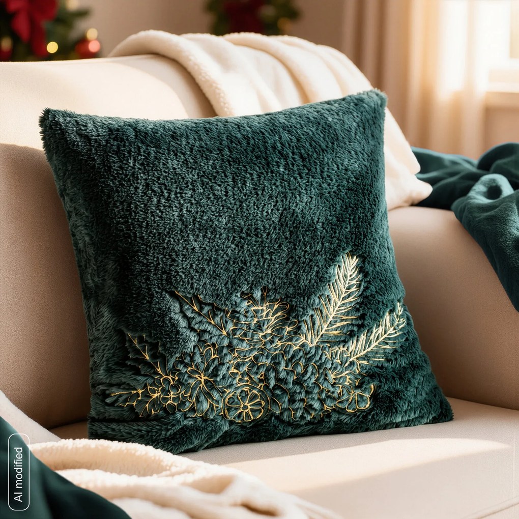 CHLPATÁ VIANOČNÁ DEKORAČNÁ OBLIEČKA NA VANKÚŠ TWIG 45X45 CM TMAVOZELENÁ