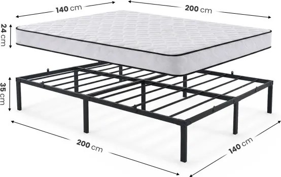 Kovová manželská posteľ 140x200 cm s pružinovým matracom, čierna