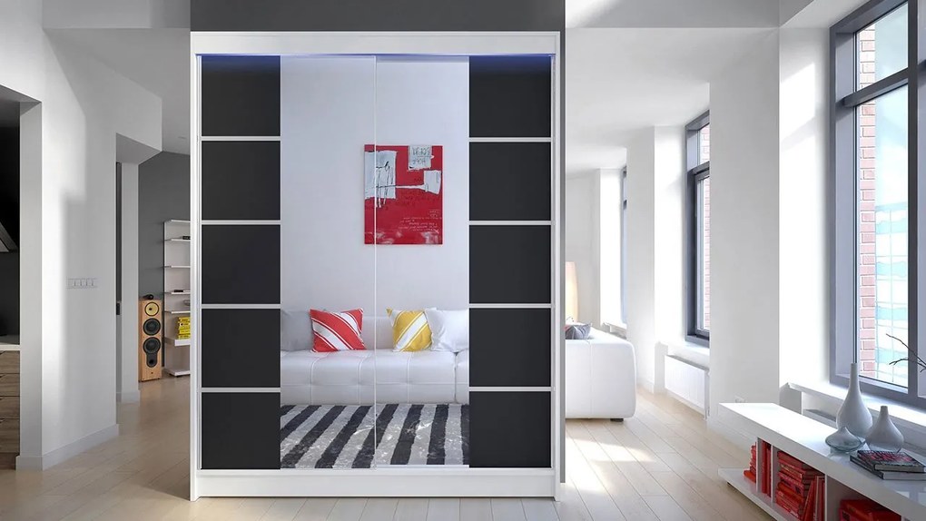 Posuvná skriňa Belgia V, Farby: biely / dub artisan, Osvetlenie: osvetlenie LED RGB - farebné