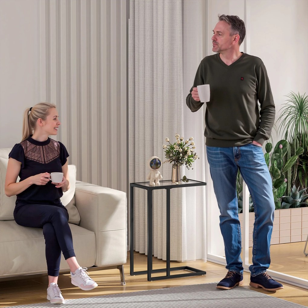 HOMCOM C-tvarový bočný stolík s tvrdeným skleneným vrchnákom, oceľový rám, konferenčný stolík do obývačky, spálne, 46 x 25 x 63.5 cm, dub | Aosom