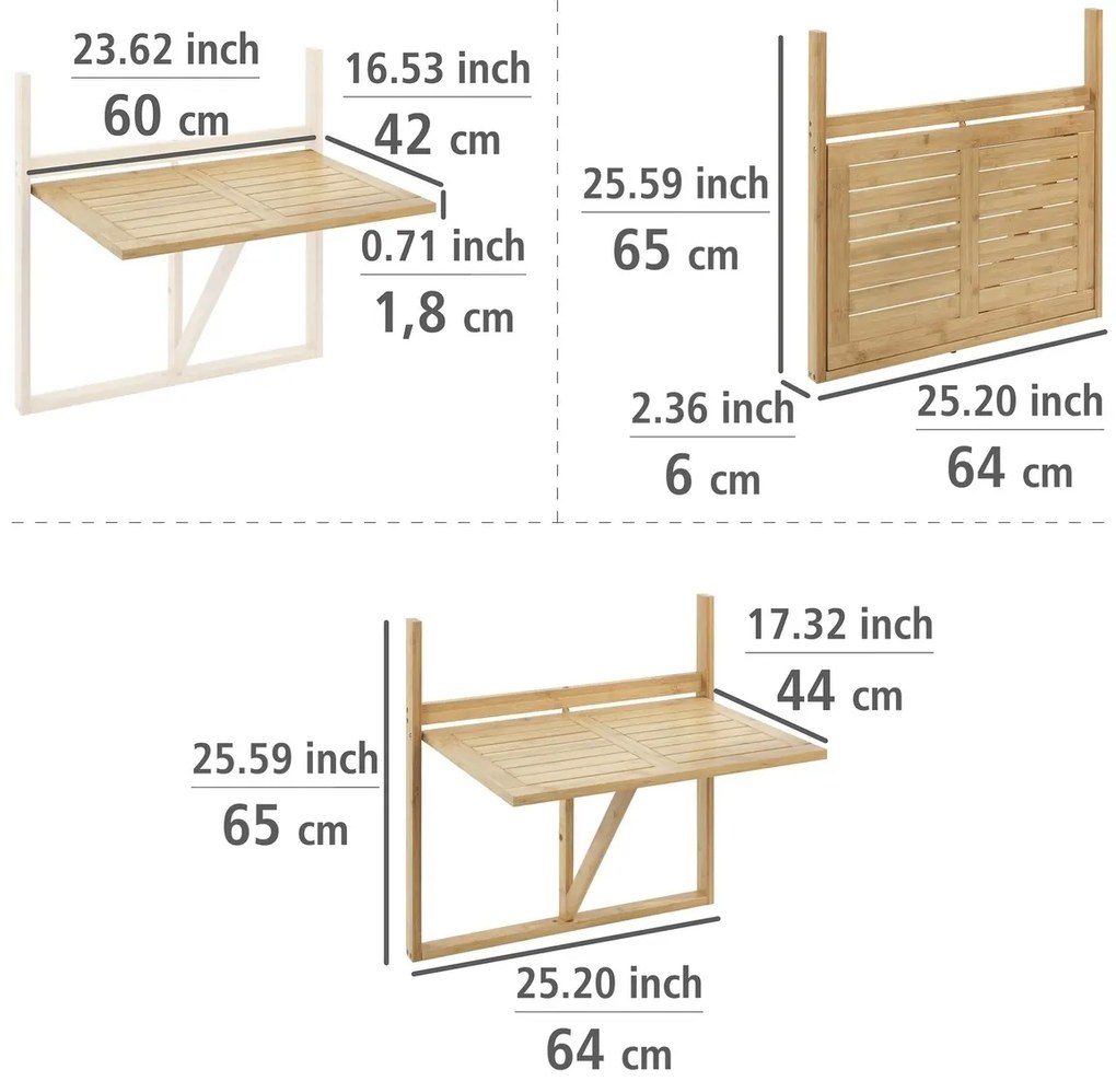Wenko Závesný balkónový stolík z bambusu Waikiki, 64 x  44 x 65 cm