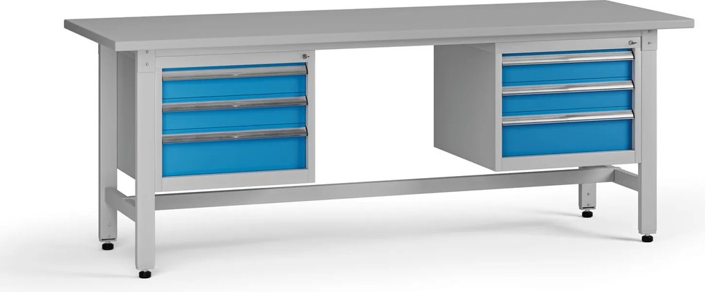 Výškovo nastaviteľný dielenský stôl G5, 2100 x 750 x 800-1000 mm, 2x kontajner, 6 zásuviek, modrá