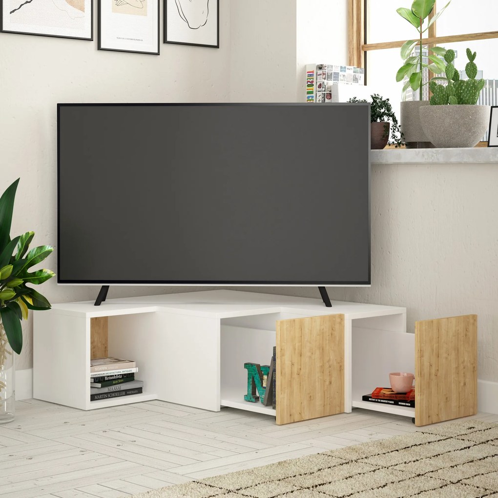 TV stolík/skrinka Cicone (Biela + Dub). Akcia -18%. Vlastná spoľahlivá doprava až k Vám domov. 1072015