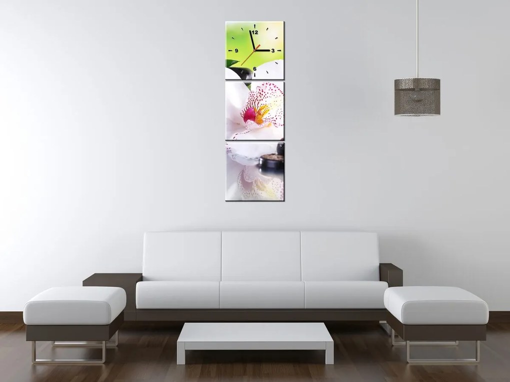 Gario Obraz s hodinami Biela orchidea a kamene - 3 dielny Rozmery: 90 x 30 cm