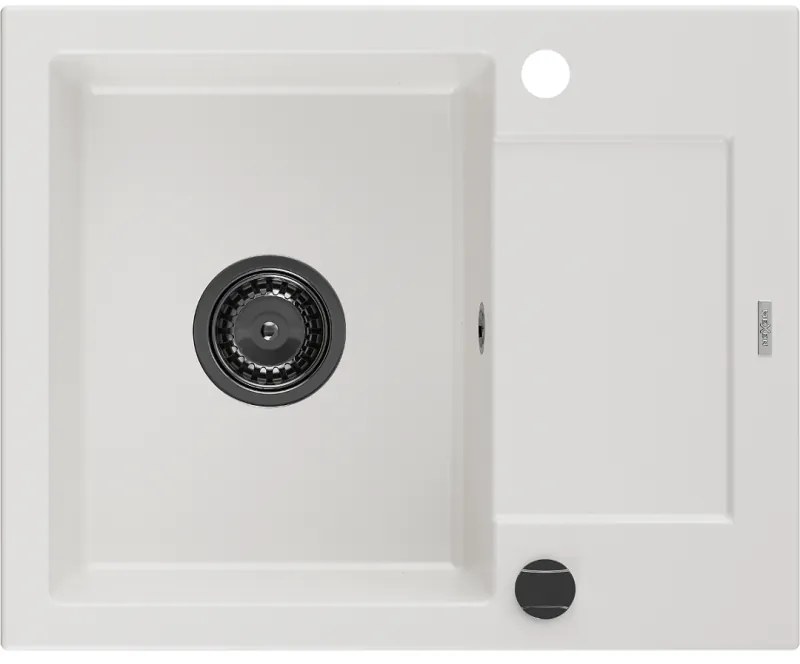Mexen Enzo, granitový drez 576x465x174 mm, 1-komorový, biela s čiernym sifónom, 6506571005-20-B