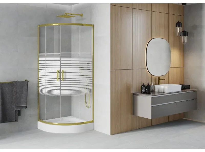Mexen Rio, štvrťkruhový sprchovací kút s posuvnými dverami 80(dvere) x 80(dvere) x 190 cm, 6mm číre sklo s pásikmi, zlatý profil + biela sprchová vanička RIO, 863-080-080-50-20-4710