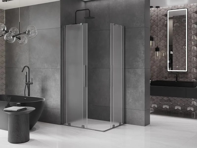 Mexen Velar Duo, sprchový kút s posuvnými dverami 90 x 80 cm, 8mm sklo námraza, grafit brúsený, 871-090-080-32-66