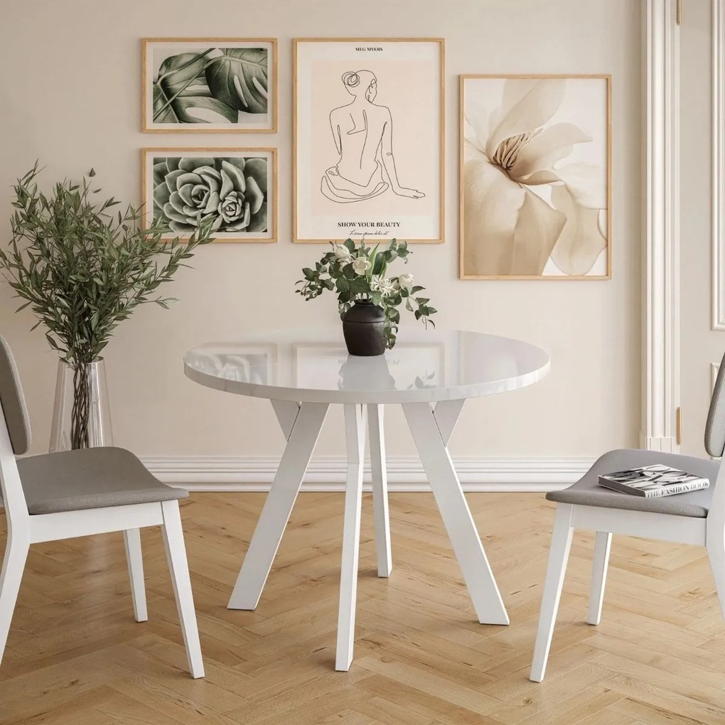 OKRÚHLY ROZKLADACÍ JEDÁLENSKÝ STÔL EWALD BIELY LESK 100/140 cm