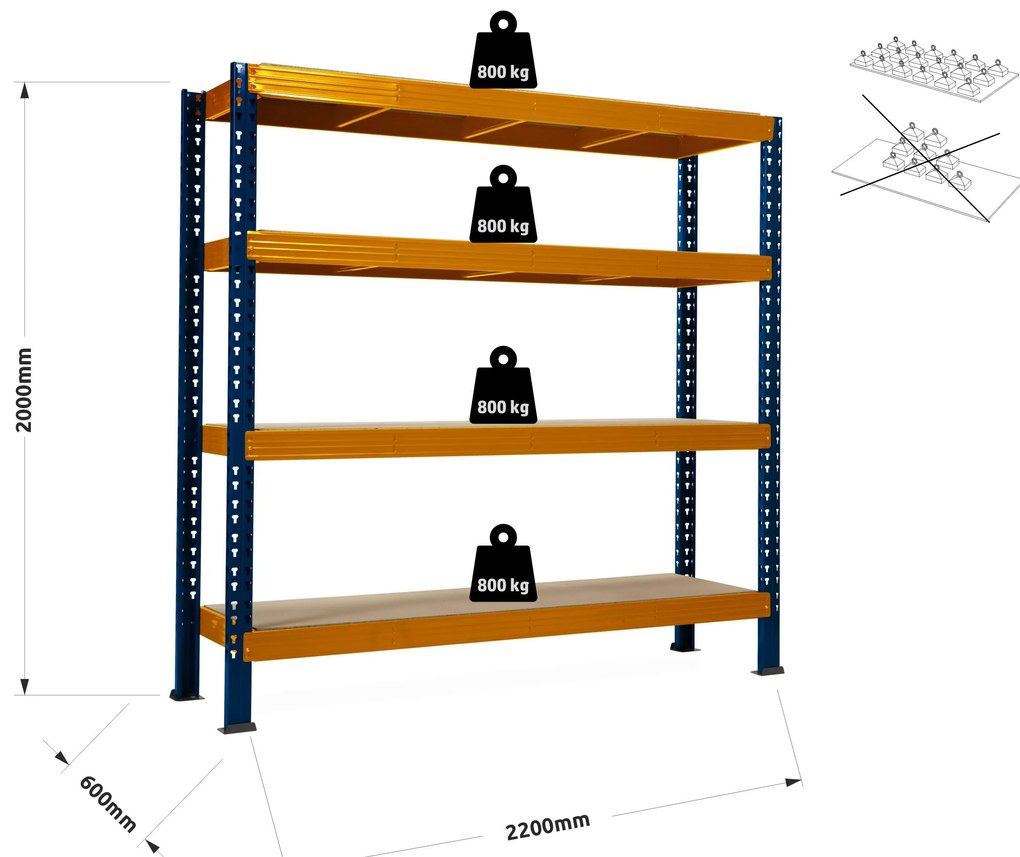 Trestles Nekonečný priemyselný regál 2000x2200x600, 4 police Farba: oranžová a modrá