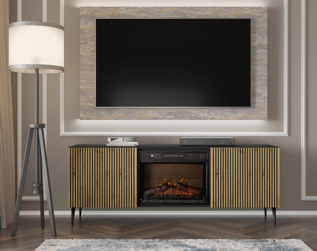 TV skrinka/stolík s elektrickým krbom FPB 2D 170 C Rowanna (dub artisan + čierna). Akcia -20%. Vlastná spoľahlivá doprava až k Vám domov. 1125092