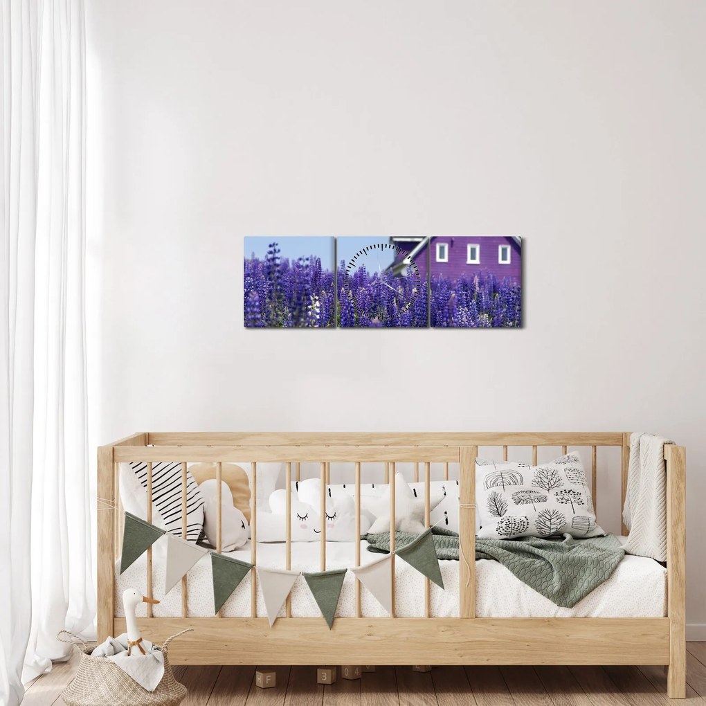 Obraz levanduľového poľa (s hodinami) (90x30 cm)
