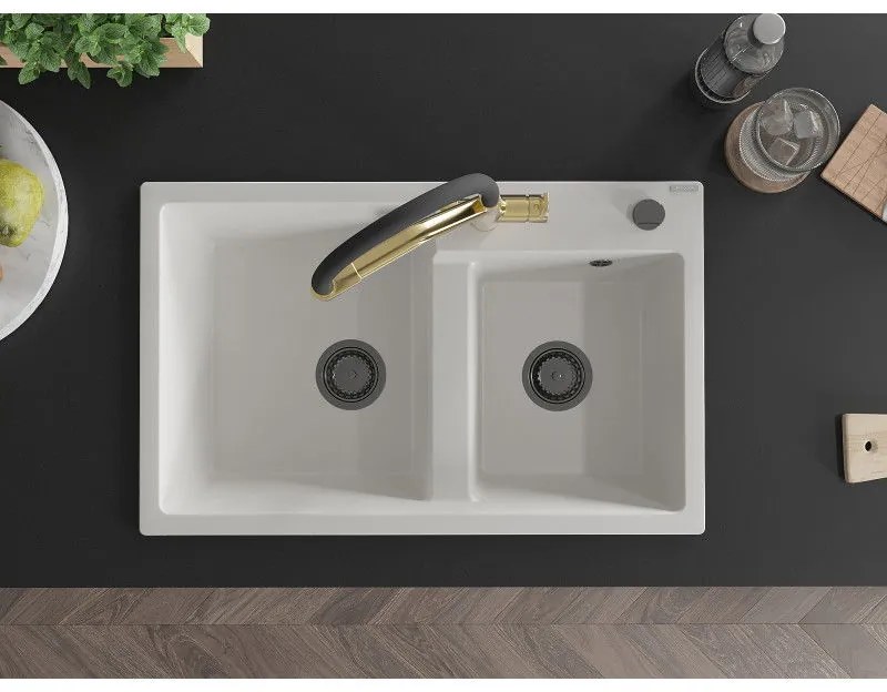 Mexen Tomas, 2-komorový granitový drez 800x500x190 mm a kuchynská batéria Duo, biela, 6516-20-671701-57-B