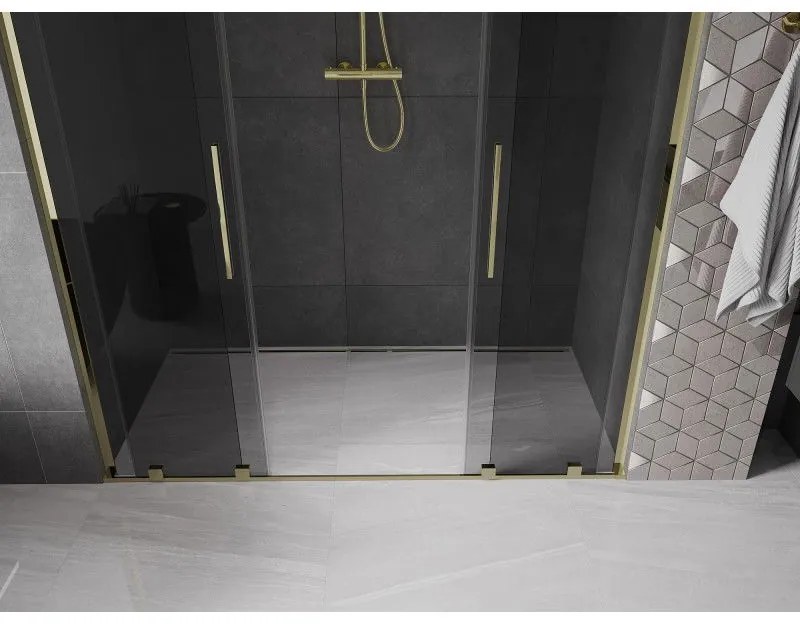 Mexen Velar L Duo, posuvné sprchové dvere do otvoru 170 cm, 8mm šedé sklo, zlatá lesklá, 871-170-003-42-50