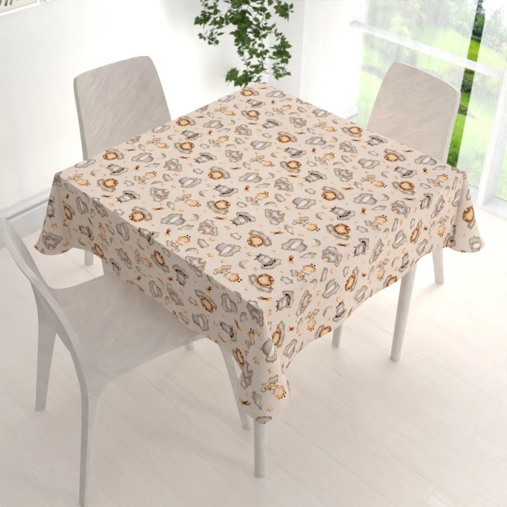 Biante Detský bavlnený štvorcový obrus Sandra SA-534 Africké zvieratká na obláčikoch na sivobéžovom 130x130 cm