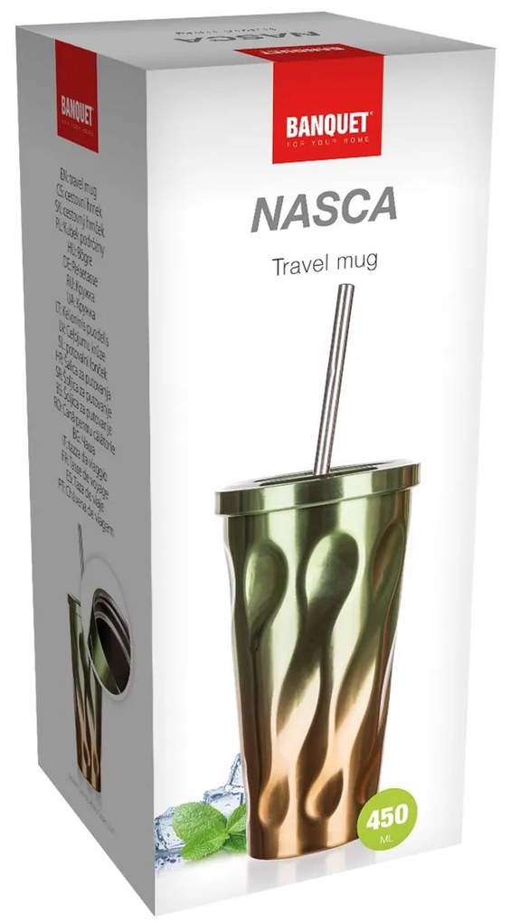 Banquet Hrnček cestovný dvojstenný NASCA 450 ml, so slamkou, zeleno-medená