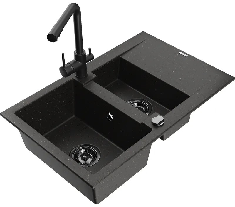 Mexen Gaspar, granitový drez 737x475x177 mm, 1,5-komorový, čierna batéria Duero, čierna-zlatá metalíza, 6507-75-671600-70-B