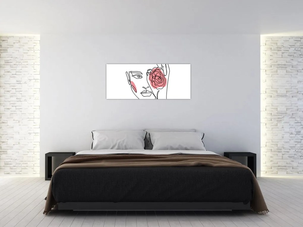 Obraz - Line art tvár s ružou (120x50 cm)