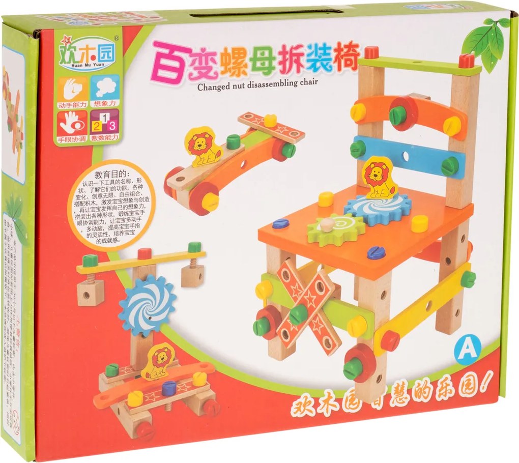 KIK Drevená stavebnica 49 dielov – dielenská stolička, montážna súprava, vzdelávacia hračka 3+