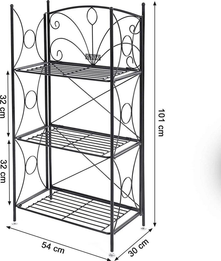 Záhradná polica z kovaného železa, s 3 úrovňami, čierna