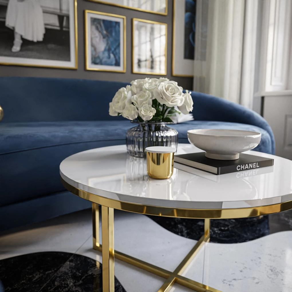 Luxusný okrúhly konferenčný stolík DIAMO podnož zlatý chróm + biely lesk