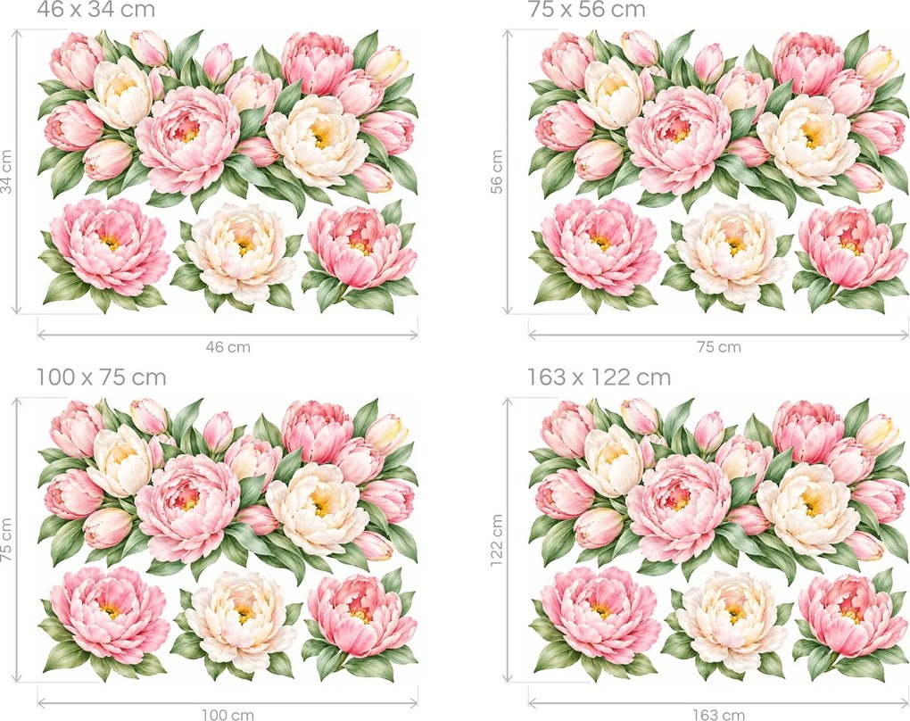 Pivónie a tulipány jarné akvarelové nálepky do spálne na stenu arch 46 x 34 cm