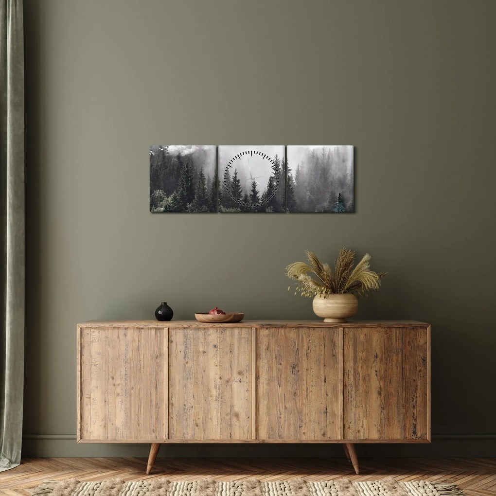 Obraz - Les s ilustrovanými prvkami (s hodinami) (90x30 cm)
