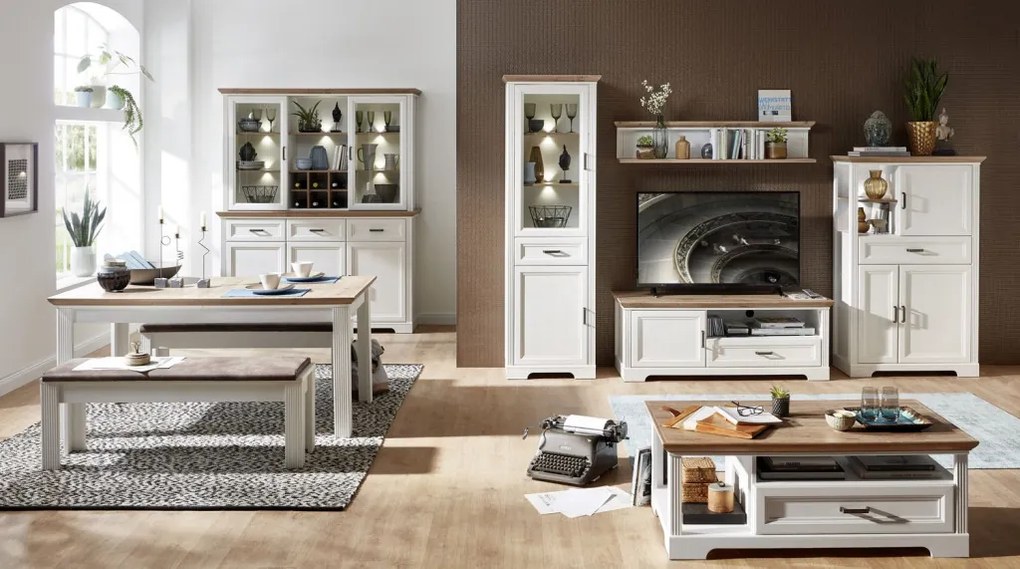 Nástavná vitrína s priehradkami Jasmin,bielená pínia/dub, s osvetlením