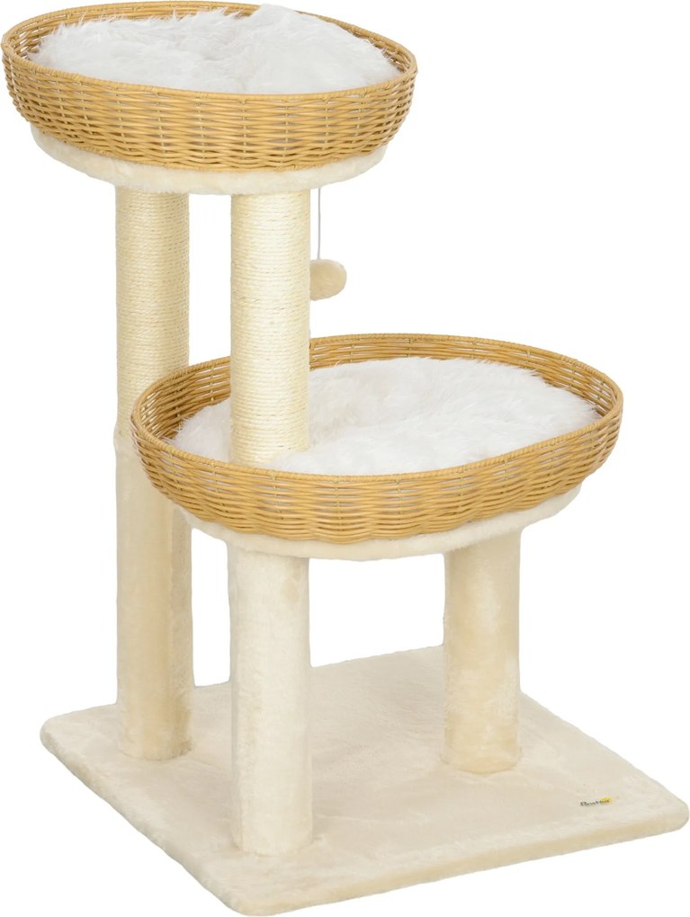 PawHut Mačací strom, lezecký strom, výška 75,5 cm, so 2 ratanovými mačacími lôžkami, škrabacími stĺpikmi, umývateľnými vankúšmi a hračkou, béžová | Ao
