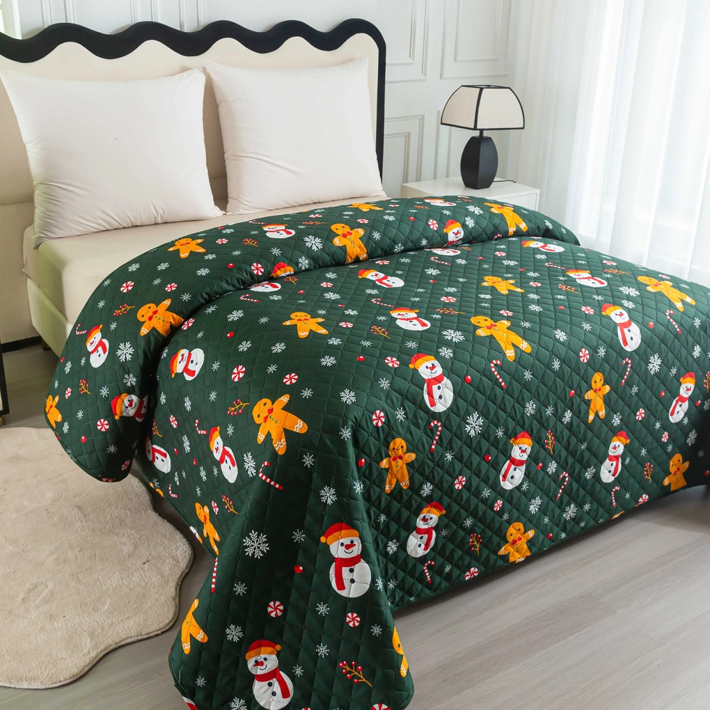 Prehoz na posteľ SNOWMAN AND GINGERBREAD, zelený Rozmer: 220 x 240 cm