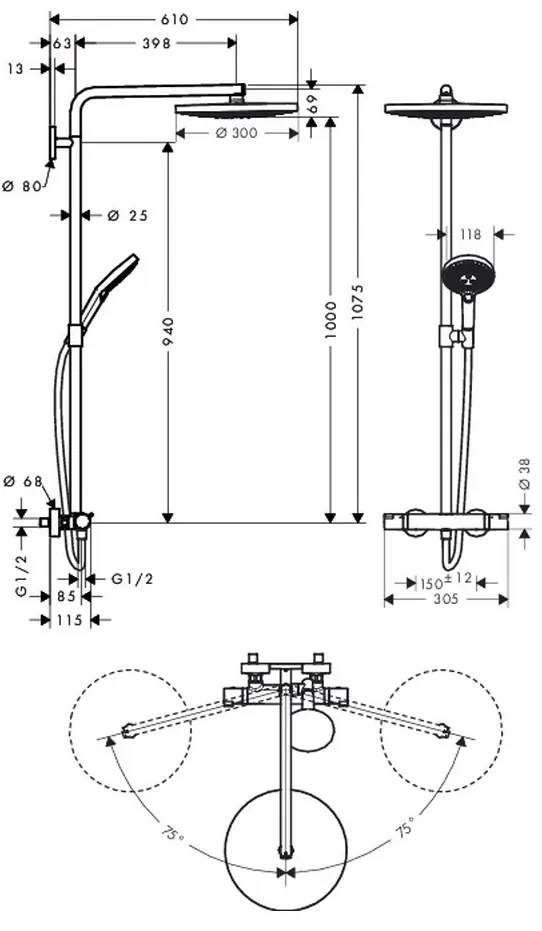 Hansgrohe Raindance Select S, Showerpipe 300 2jet s termostatom, biela/chrómová, HAN-27133400