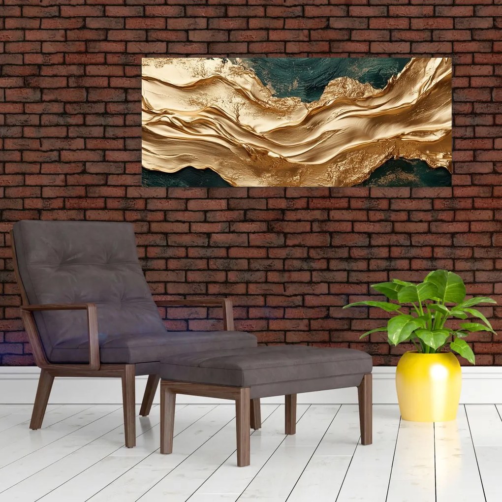 Obraz - Zelená abstrakcia so zlatom II. (120x50 cm)