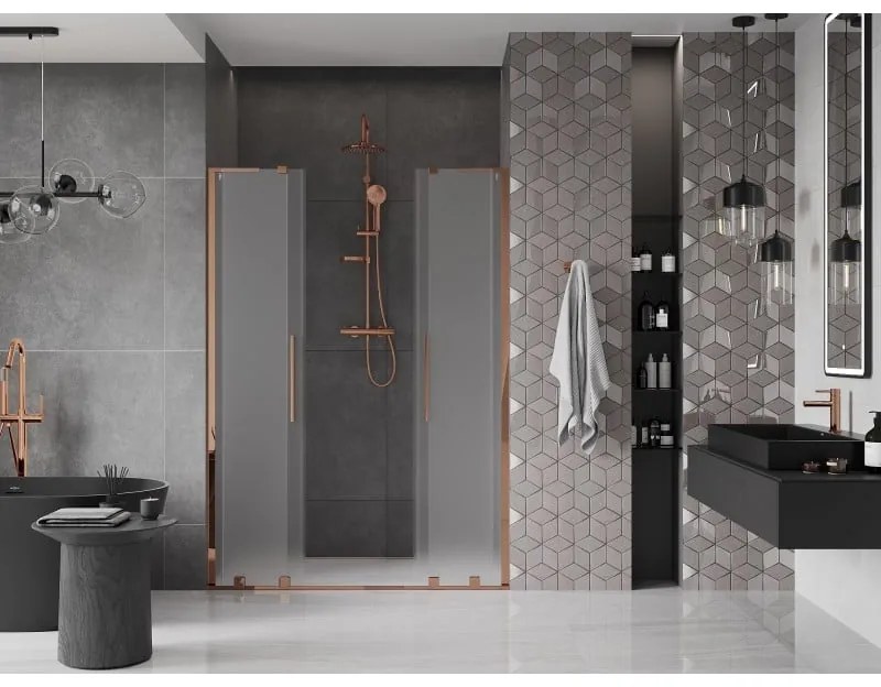 Mexen Velar L Duo, posuvné sprchové dvere do otvoru 150 cm, 8mm sklo námraza, ružové zlato, 871-150-003-32-60