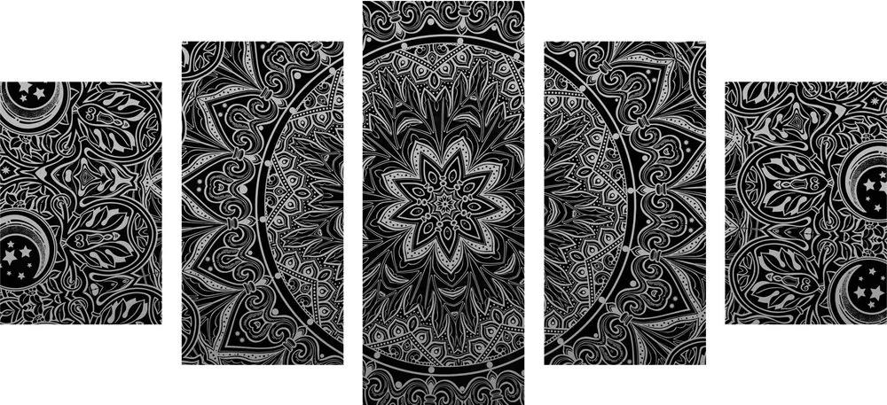 5-dielny obraz orientálna Mandala v čiernobielom prevedení - 100x50
