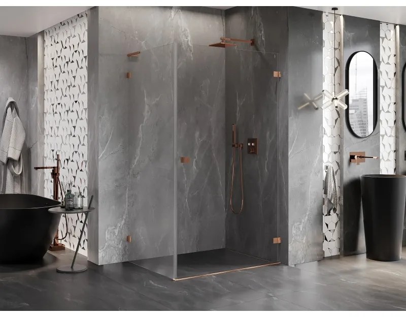 Mexen Lunar-B L pravý výklopný sprchový kút 85 x 70 cm, číre sklo, medená matná, 832L-085-070-65-00-P